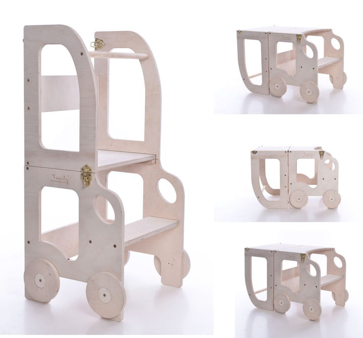 Køkkentrappe / montessori-læringstårn: bord, stol og trappe i ét til barn, naturfarvet