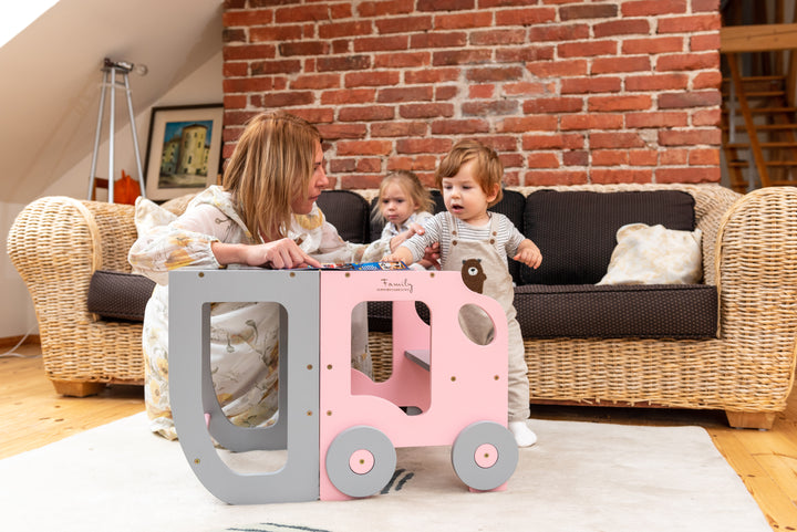 Køkkentrappe / montessori-læringstårn: bord, stol og trappe i ét til barn, pink og grå