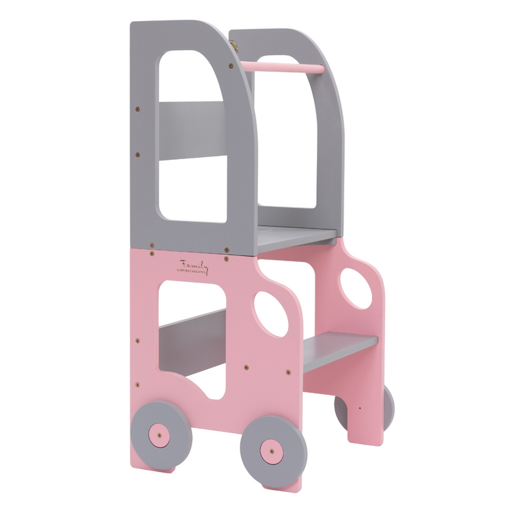 Køkkentrappe / montessori-læringstårn: bord, stol og trappe i ét til barn, pink og grå