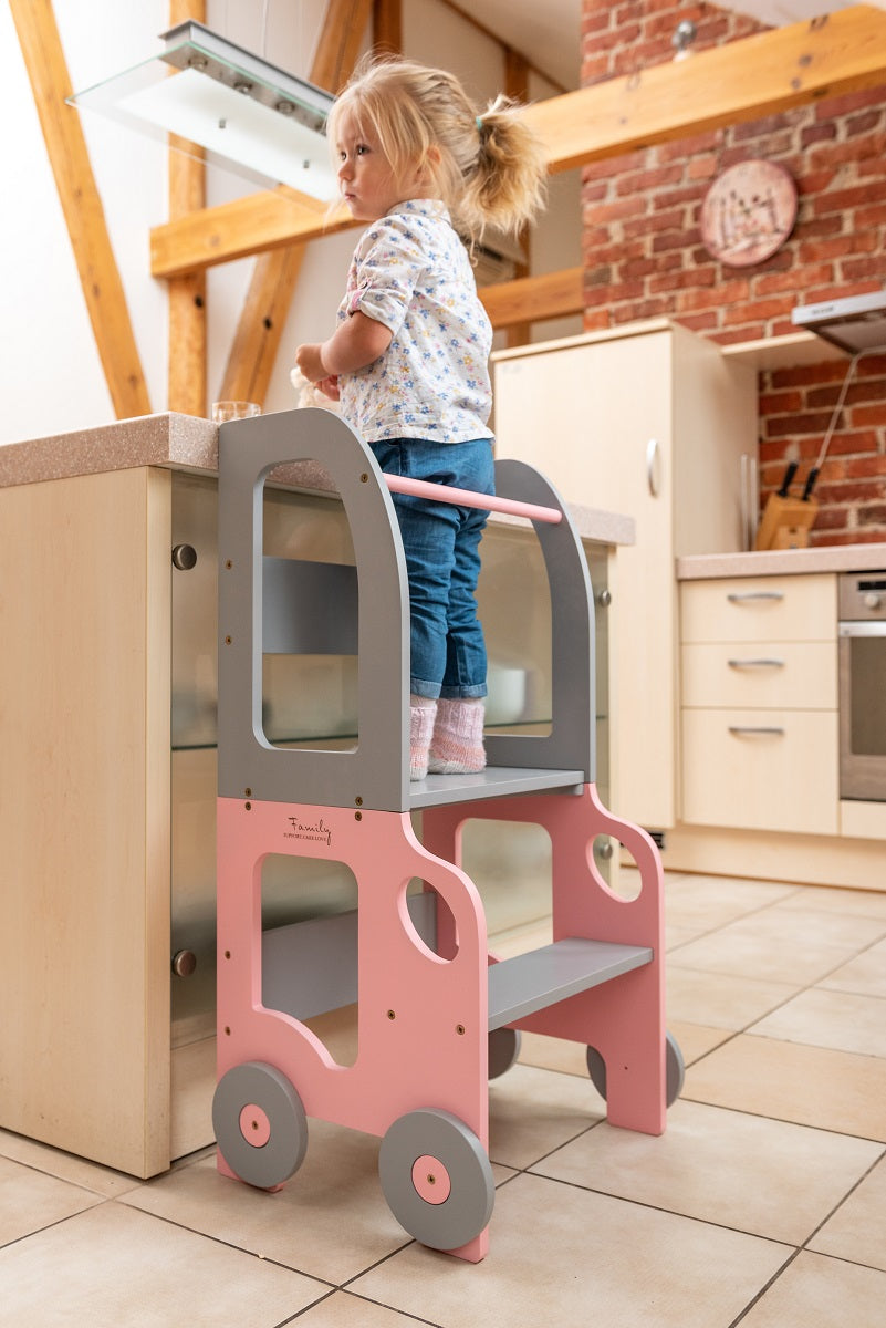 Køkkentrappe / montessori-læringstårn: bord, stol og trappe i ét til barn, pink og grå