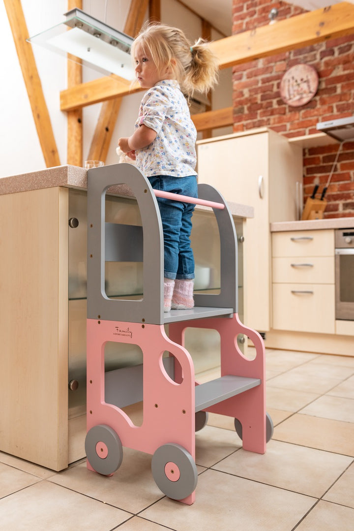 Køkkentrappe / montessori-læringstårn: bord, stol og trappe i ét til barn, pink og grå