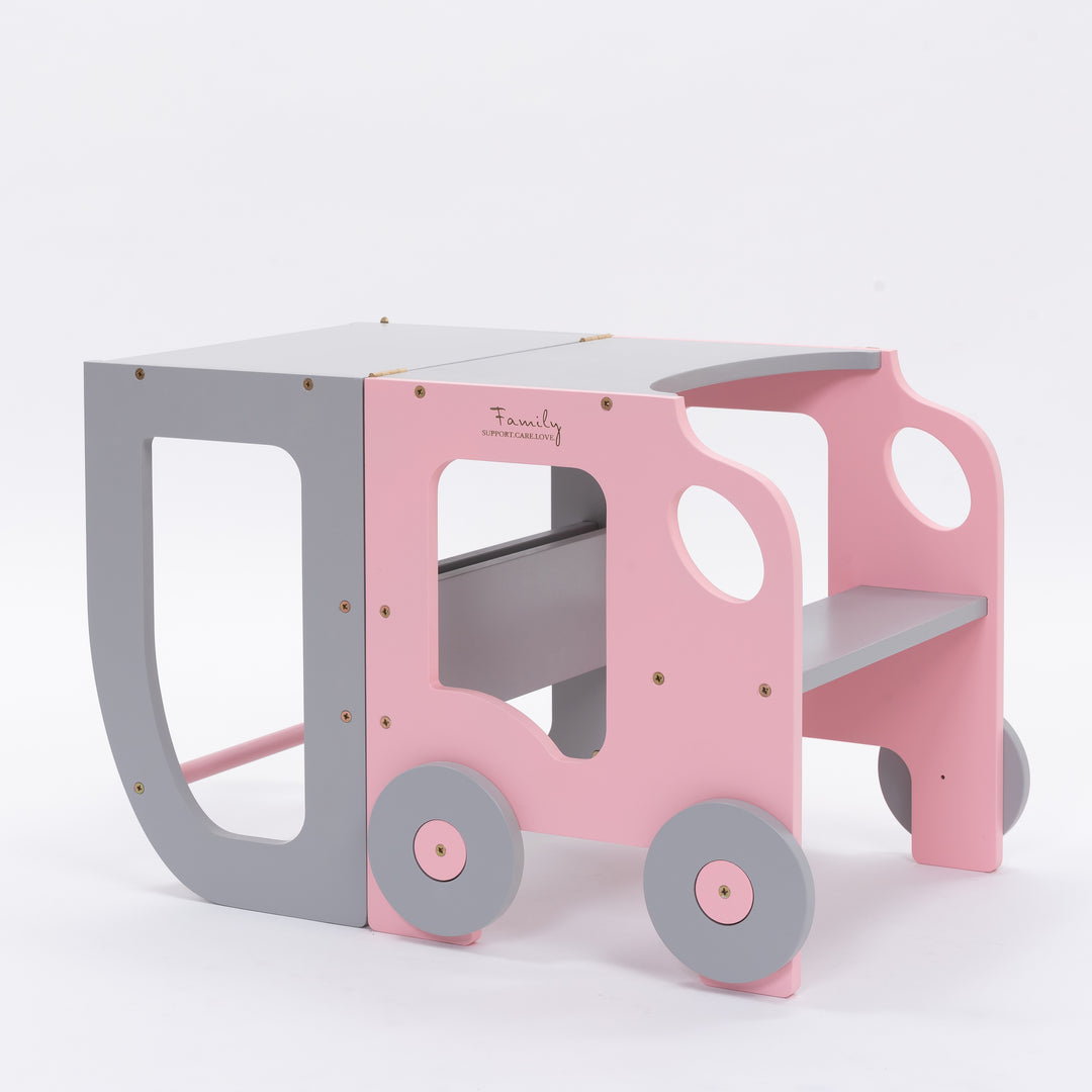 Køkkentrappe / montessori-læringstårn: bord, stol og trappe i ét til barn, pink og grå