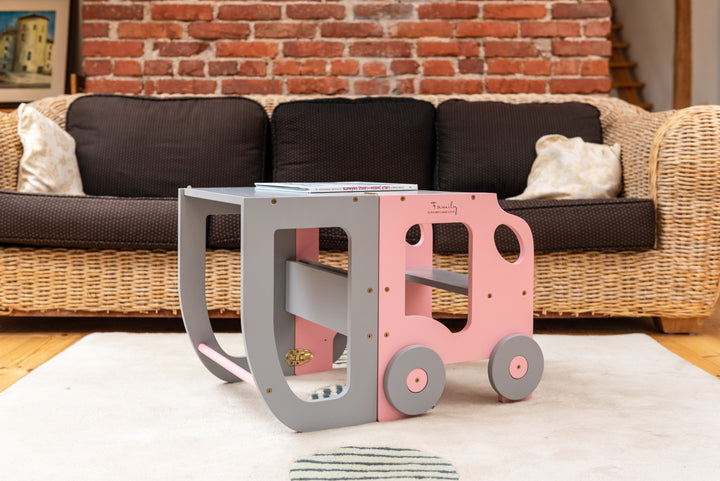 Køkkentrappe / montessori-læringstårn: bord, stol og trappe i ét til barn, pink og grå