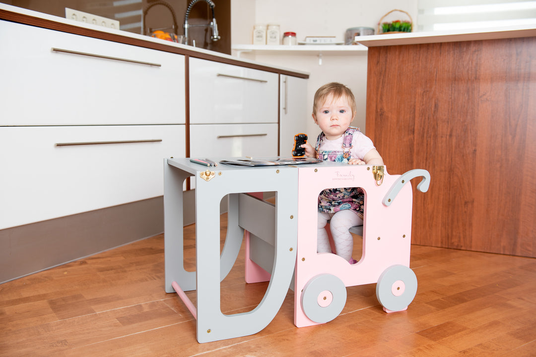 Montessori køkkentrappe til barn, pink og grå