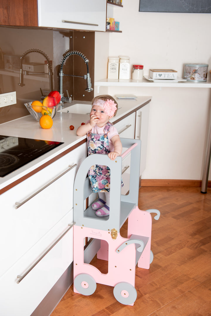 Montessori køkkentrappe til barn, pink og grå
