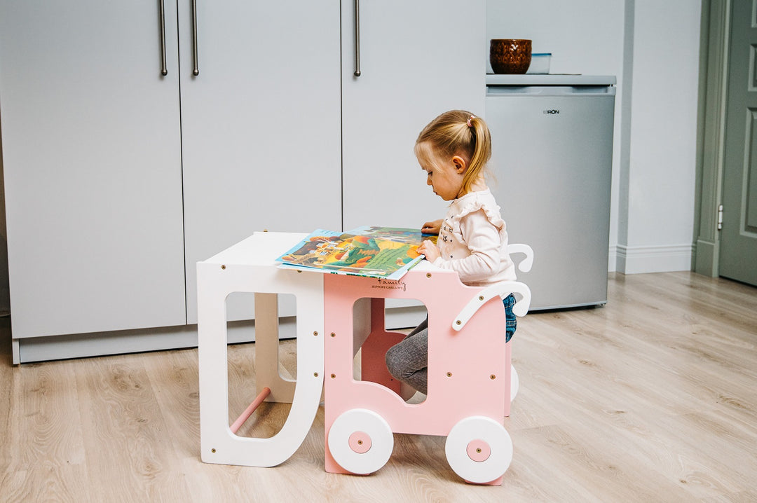 Montessori køkkentrappe til barn, pink og hvid