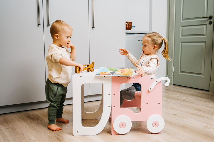 Montessori køkkentrappe til barn, pink og hvid