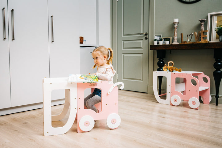 Montessori køkkentrappe til barn, pink og hvid