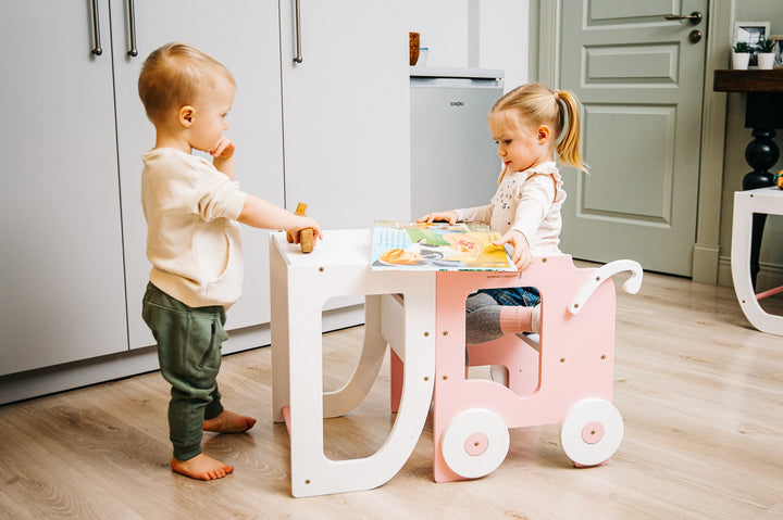 Montessori køkkentrappe til barn, pink og hvid