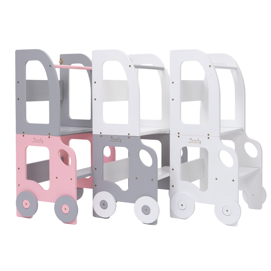 Køkkentrappe / montessori-læringstårn: bord, stol og trappe i ét til barn, hvid og grå