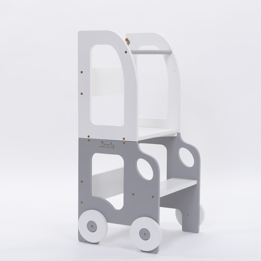 Køkkentrappe / montessori-læringstårn: bord, stol og trappe i ét til barn, hvid og grå