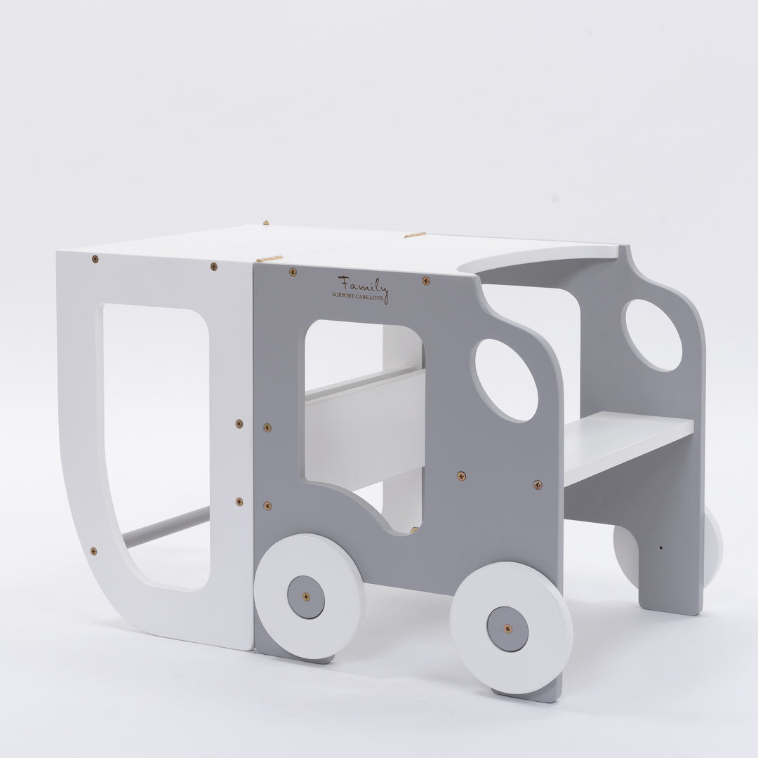 Køkkentrappe / montessori-læringstårn: bord, stol og trappe i ét til barn, hvid og grå