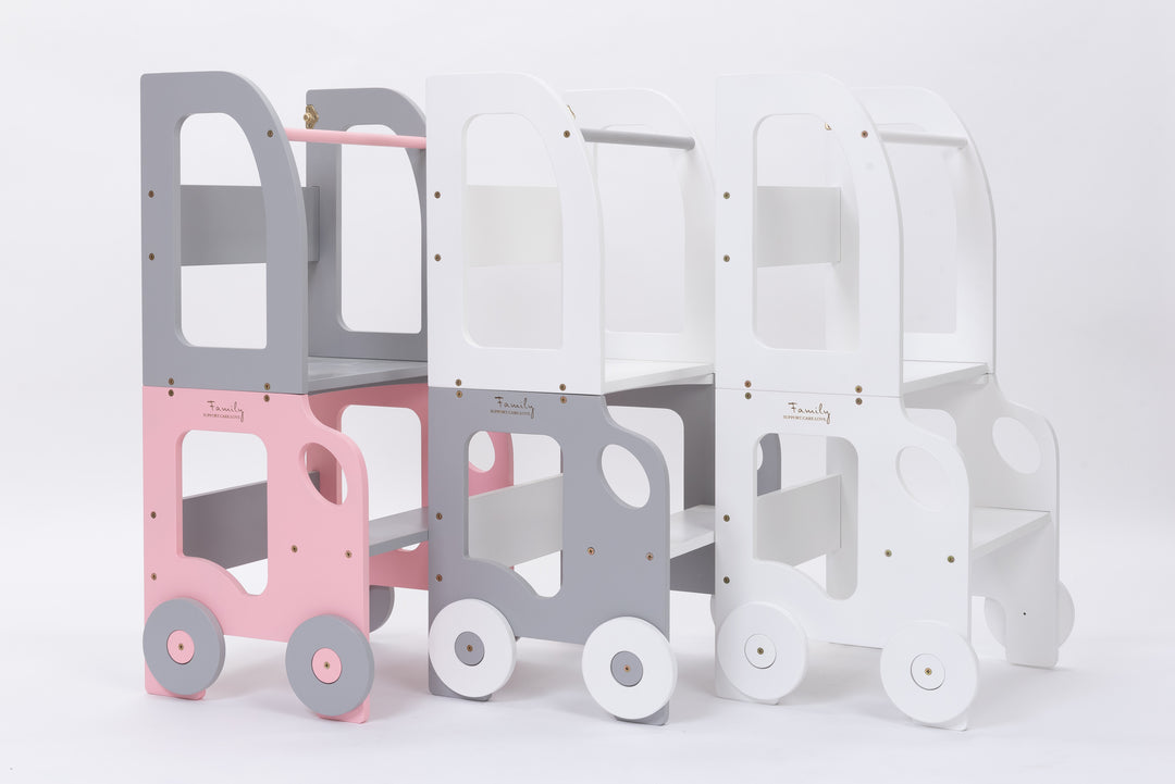 Køkkentrappe / montessori-læringstårn: bord, stol og trappe i ét til barn, hvid og grå