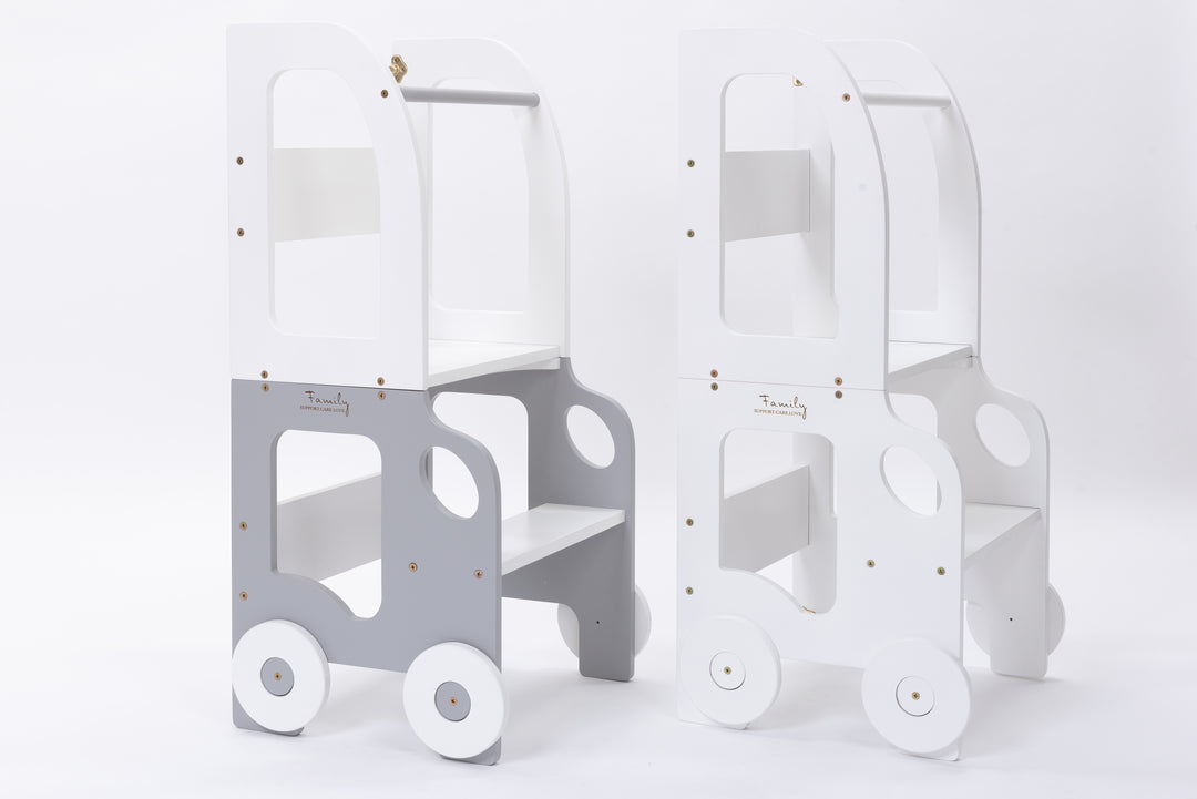 Køkkentrappe / montessori-læringstårn: bord, stol og trappe i ét til barn, hvid og grå