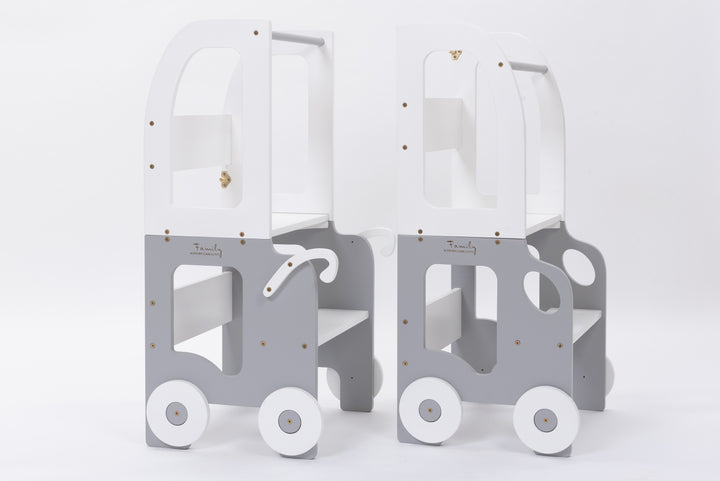 Køkkentrappe / montessori-læringstårn: bord, stol og trappe i ét til barn, hvid og grå