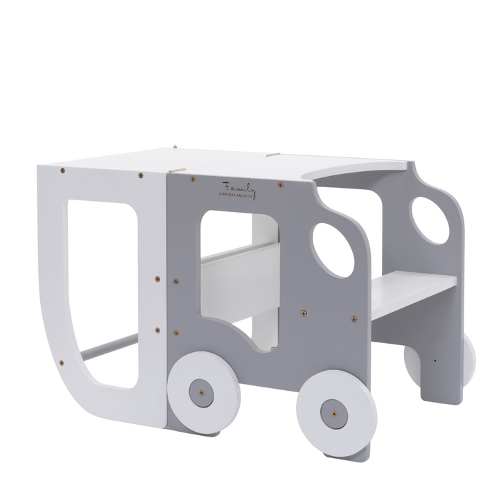 Køkkentrappe / montessori-læringstårn: bord, stol og trappe i ét til barn, hvid og grå