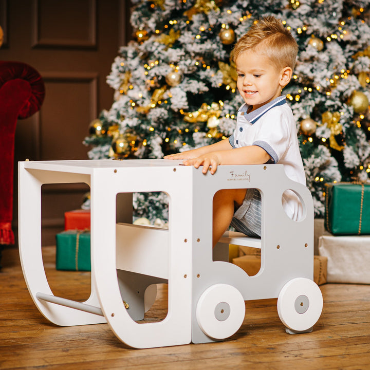 Køkkentrappe / montessori-læringstårn: bord, stol og trappe i ét til barn, hvid og grå