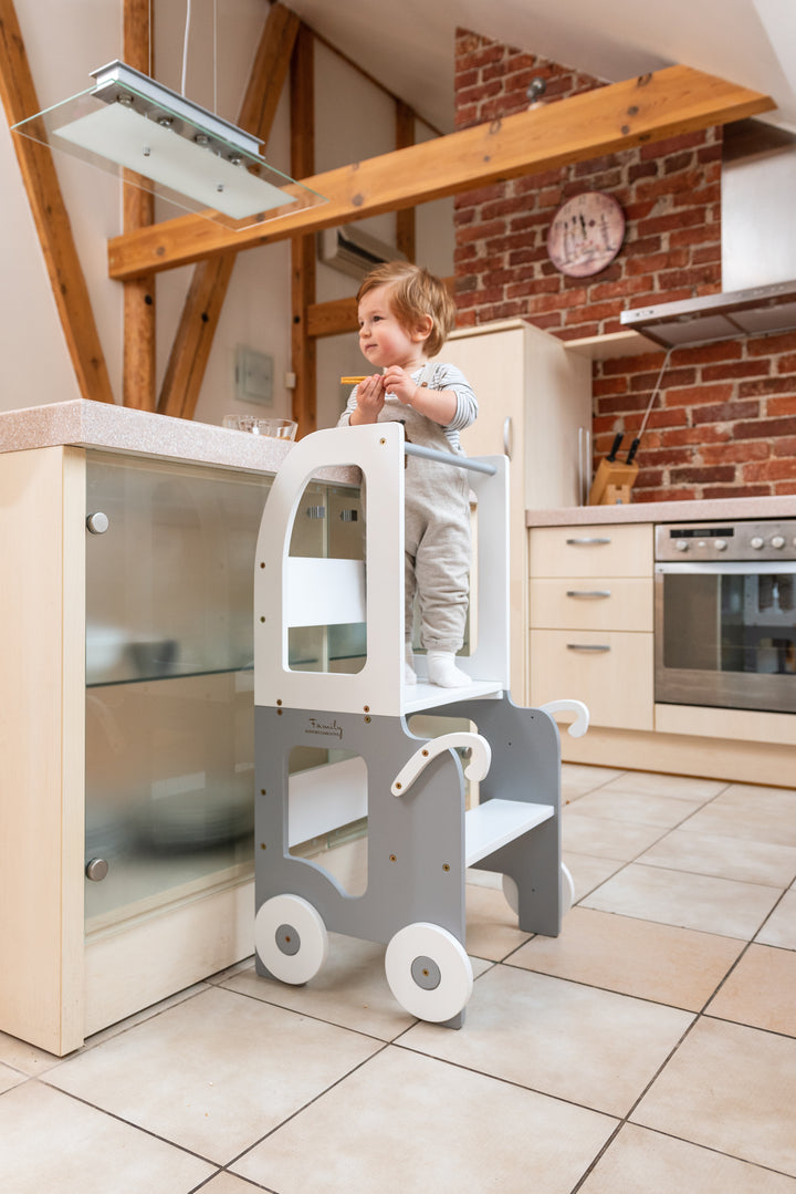 Montessori køkkentrappe til barn, hvid og grå