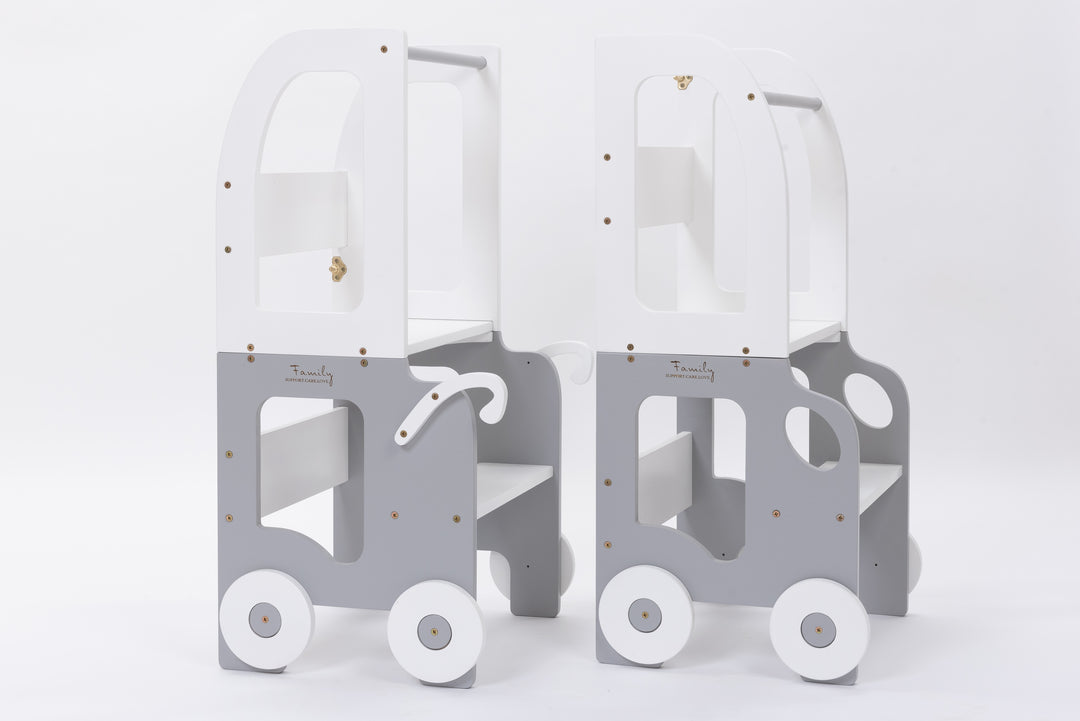 Montessori køkkentrappe til barn, hvid og grå