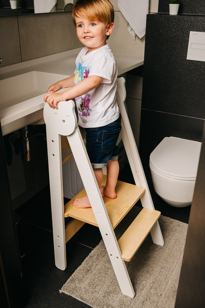 Trin-skammel til barn, grå og naturfarvet