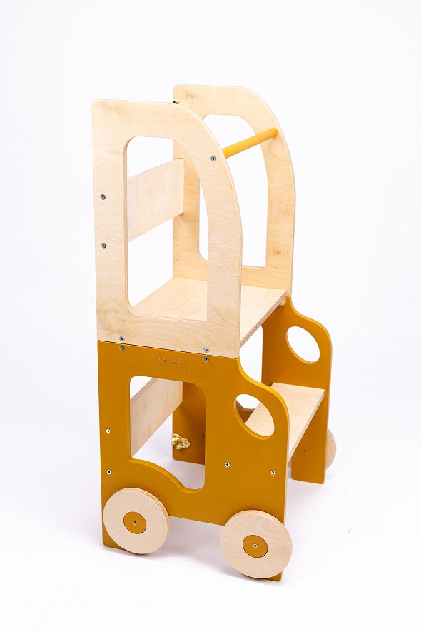 Køkkentrappe / montessori-læringstårn: bord, stol og trappe i ét til barn, safari og naturfarvet