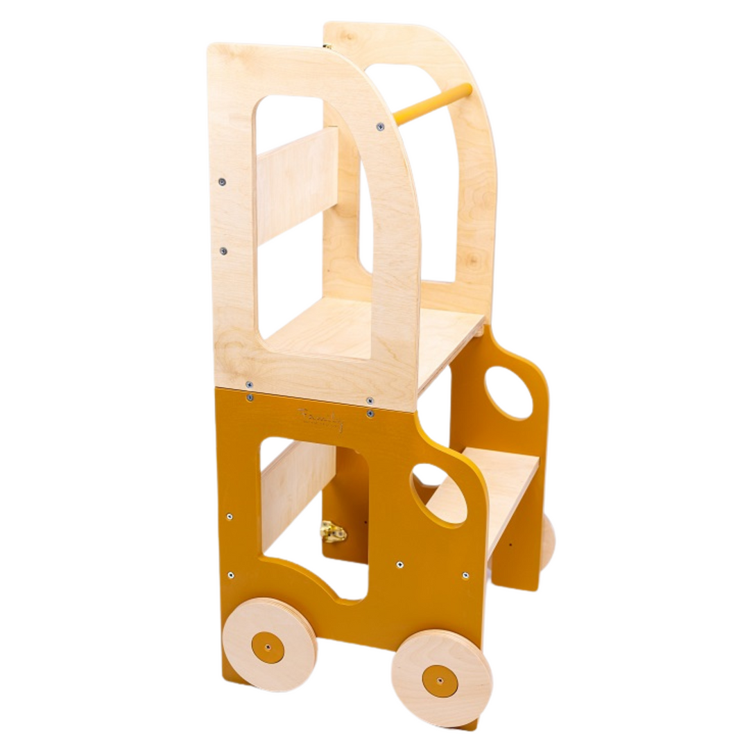 Køkkentrappe / montessori-læringstårn: bord, stol og trappe i ét til barn, safari og naturfarvet