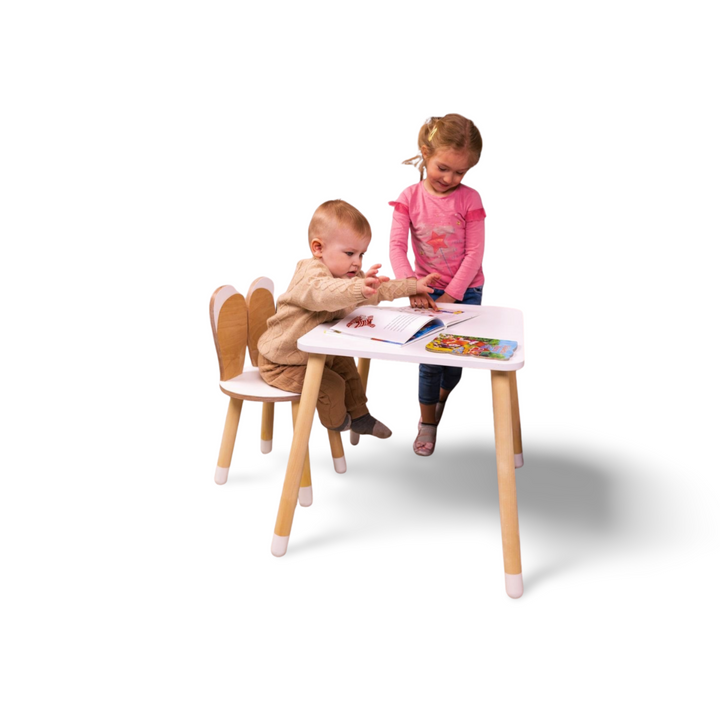 Bord og stol til barn med nuttet kaninøre-design, træ, hvid