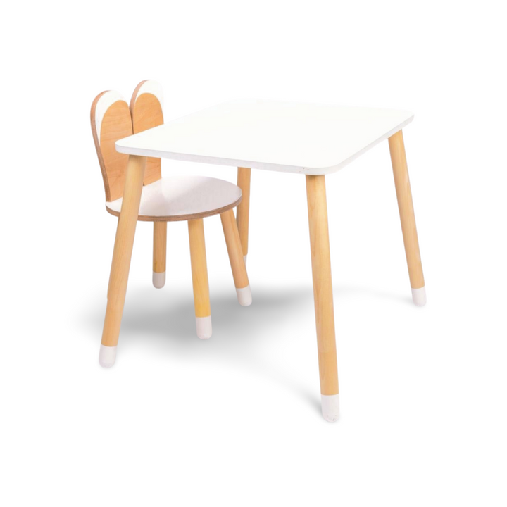 Bord og stol til barn med nuttet kaninøre-design, træ, hvid