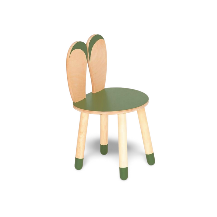 Bord og stol til barn med nuttet kaninøre-design, træ, khaki