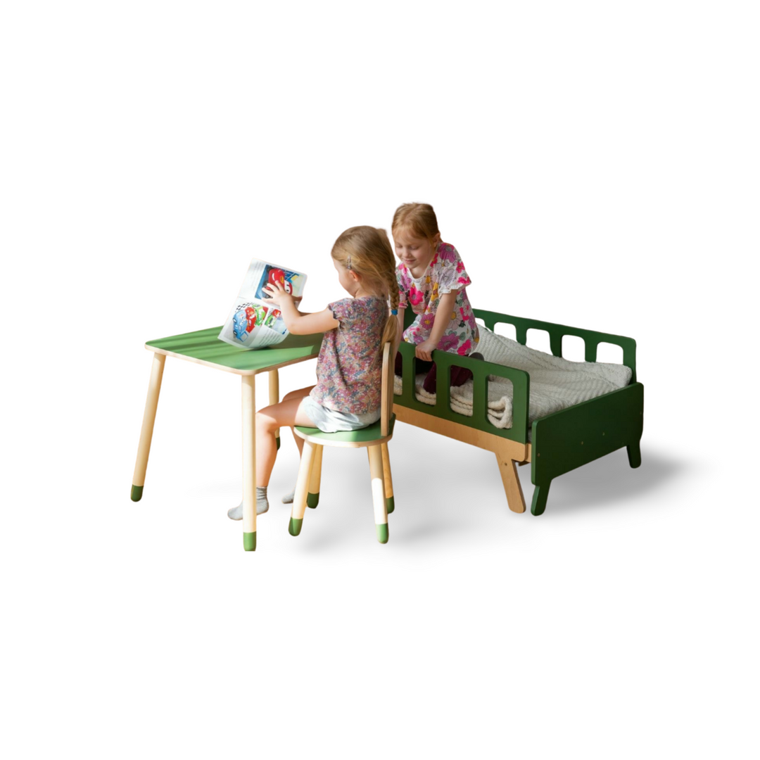 Bord og stol til barn med nuttet kaninøre-design, træ, khaki