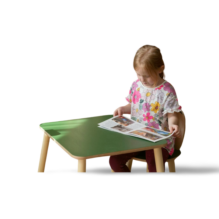 Bord og stol til barn med nuttet kaninøre-design, træ, khaki