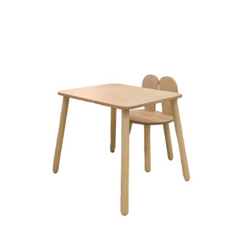 Bord og stol til barn med nuttet kaninøre-design, træ, naturfarvet