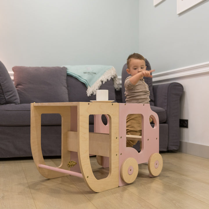 Køkkentrappe / montessori-læringstårn: bord, stol og trappe i ét til barn, pink og naturfarvet