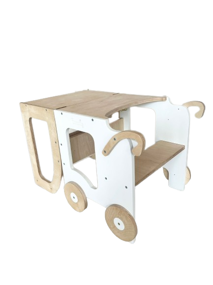 Montessori køkkentrappe til barn, hvid og naturfarvet