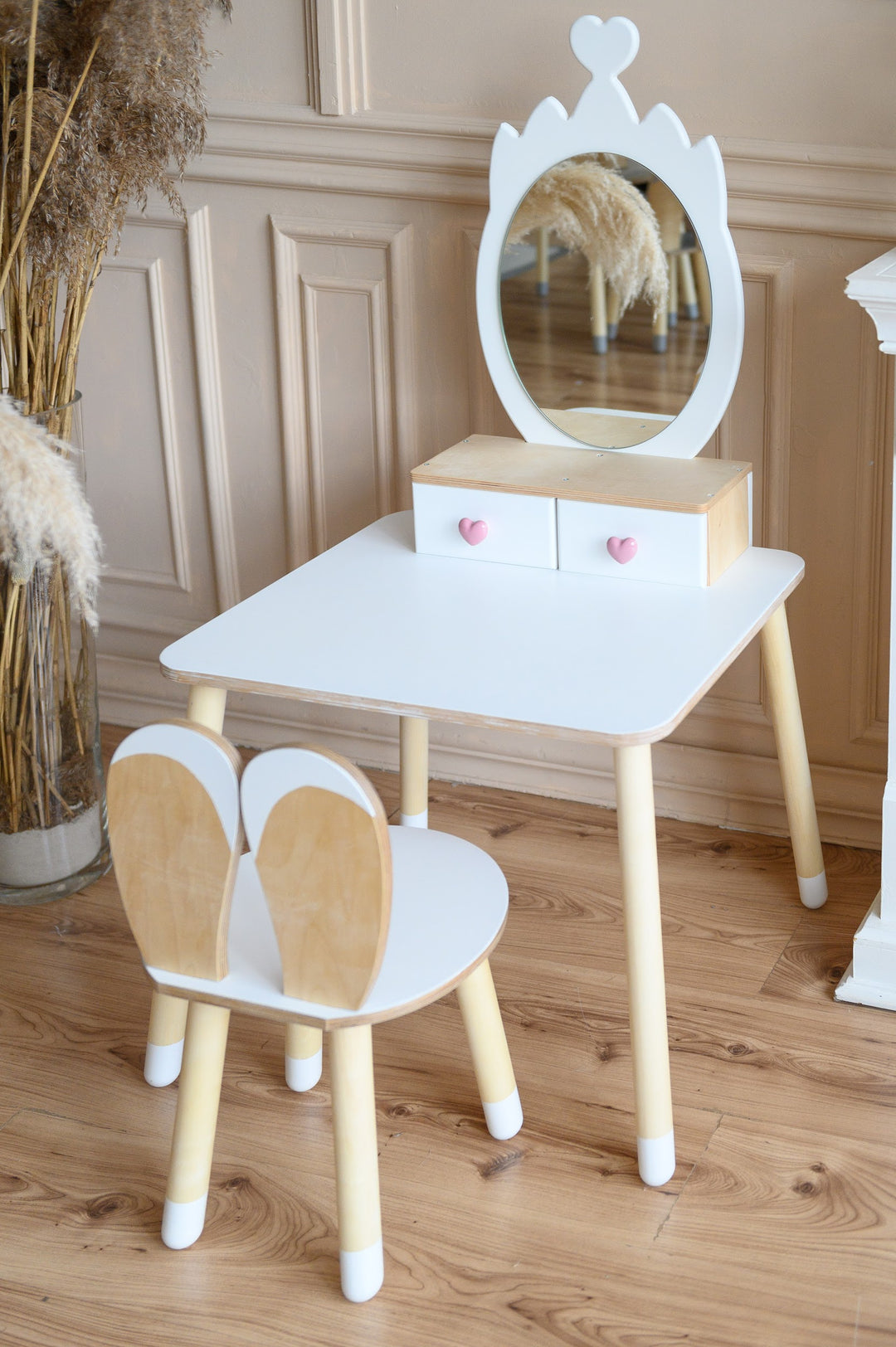 Sminkebord til barn, hvid og naturfarvet