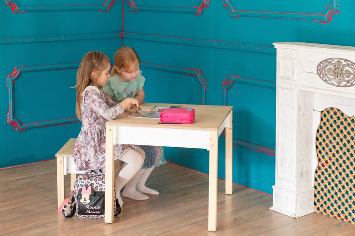 Sæt med smart opbevaringsbord og stol, hvid og naturfarvet