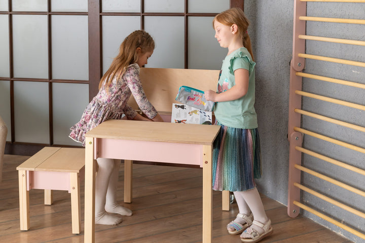 Sæt med smart opbevaringsbord og stol, pink og naturfarvet