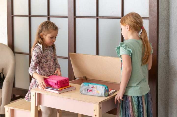 Sæt med smart opbevaringsbord og stol, pink og naturfarvet