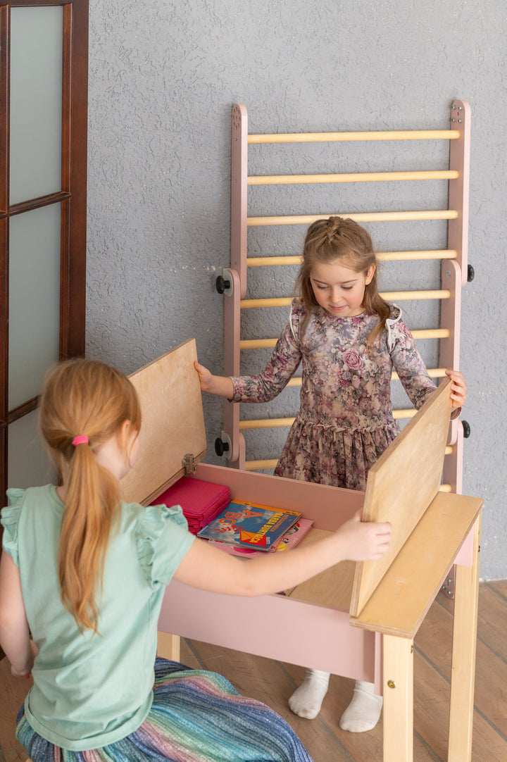 Sæt med smart opbevaringsbord og stol, pink og naturfarvet