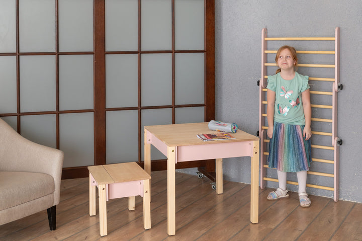Sæt med smart opbevaringsbord og stol, pink og naturfarvet
