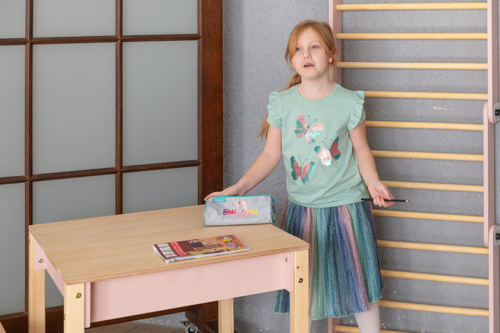 Sæt med smart opbevaringsbord og stol, pink og naturfarvet