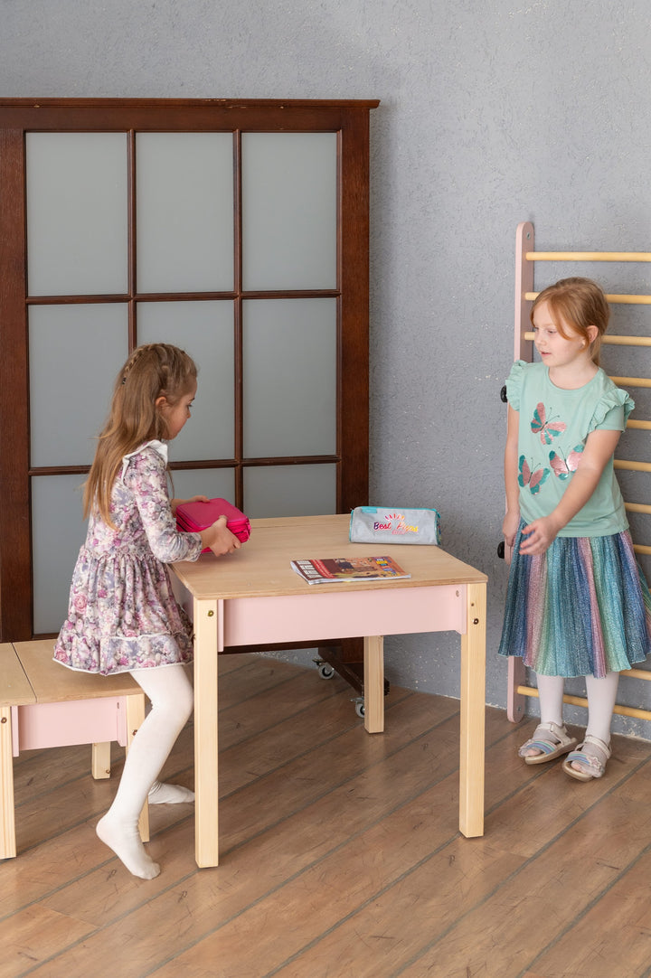 Sæt med smart opbevaringsbord og stol, pink og naturfarvet