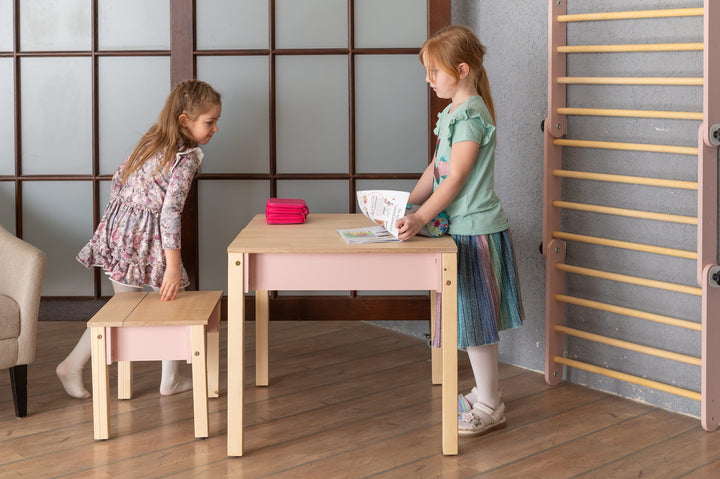 Sæt med smart opbevaringsbord og stol, pink og naturfarvet