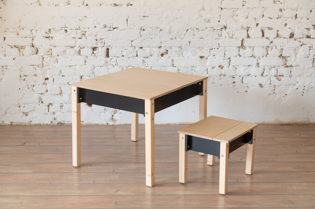 Sæt med smart opbevaringsbord og stol, sort og naturfarvet