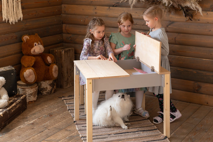 Sæt med smart opbevaringsbord og stol, grå og naturfarvet