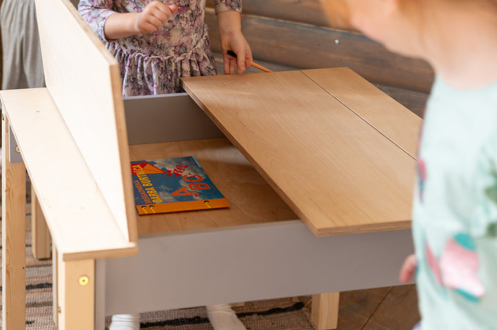 Sæt med smart opbevaringsbord og stol, grå og naturfarvet