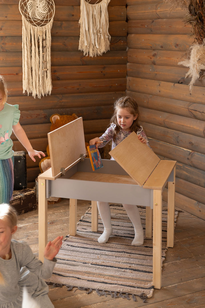 Sæt med smart opbevaringsbord og stol, grå og naturfarvet