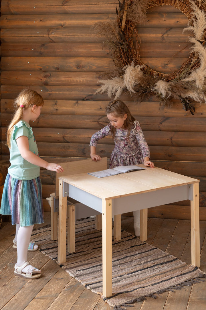 Sæt med smart opbevaringsbord og stol, grå og naturfarvet