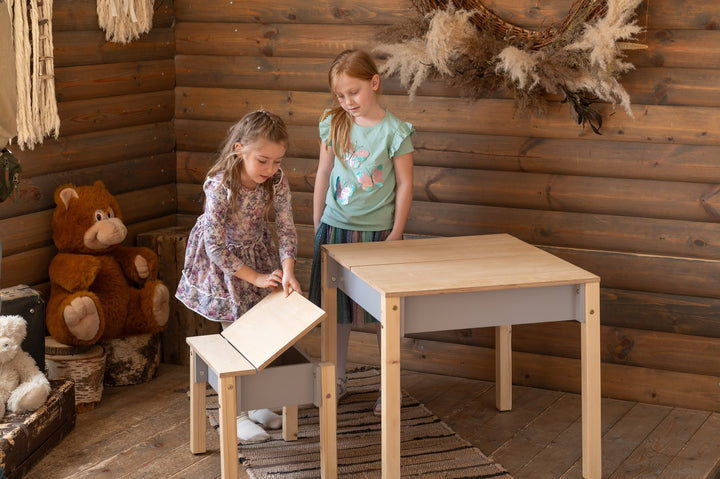 Sæt med smart opbevaringsbord og stol, grå og naturfarvet