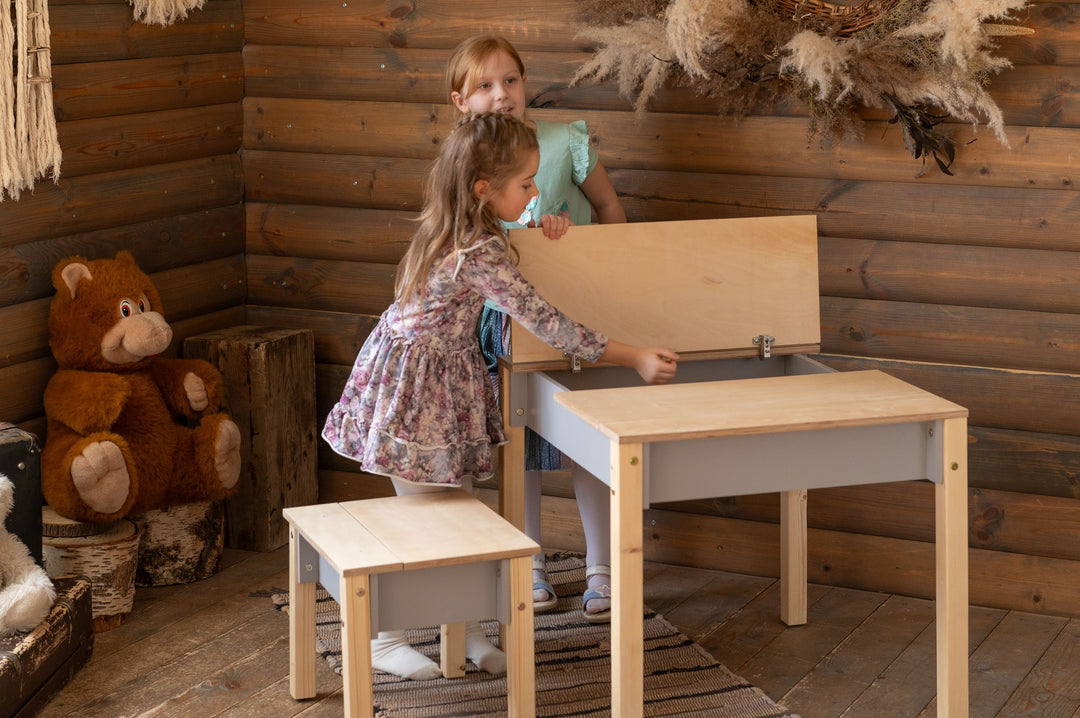 Sæt med smart opbevaringsbord og stol, grå og naturfarvet